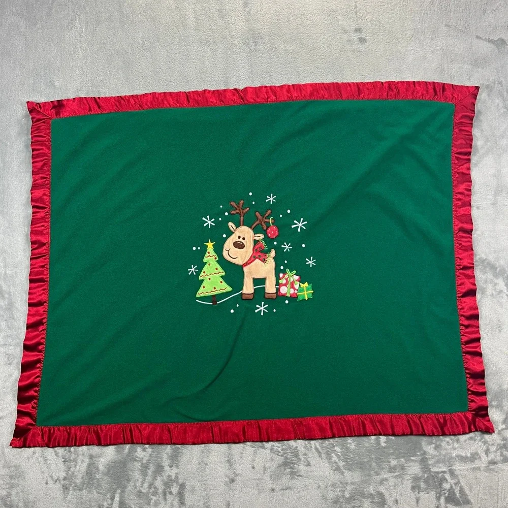 Babies R Us Reindeer Christmas Baby Blanket Green Red Satin Ruffle Fleece 29x37